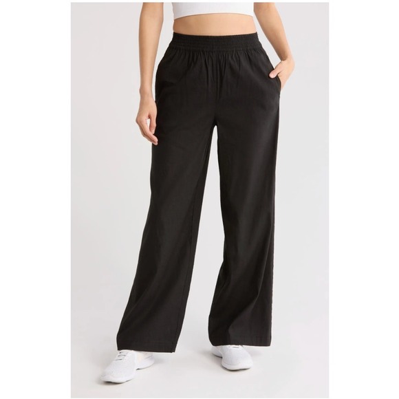Sweaty Betty Pants - Sweaty Betty Black Stretch Wide Leg Linen Blend Pants Relaxed Fit Smocked Waist